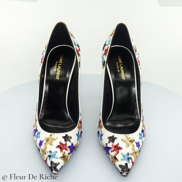 Saint Laurent Palace 105 White Sequin High Heels - Picture 2 of 9